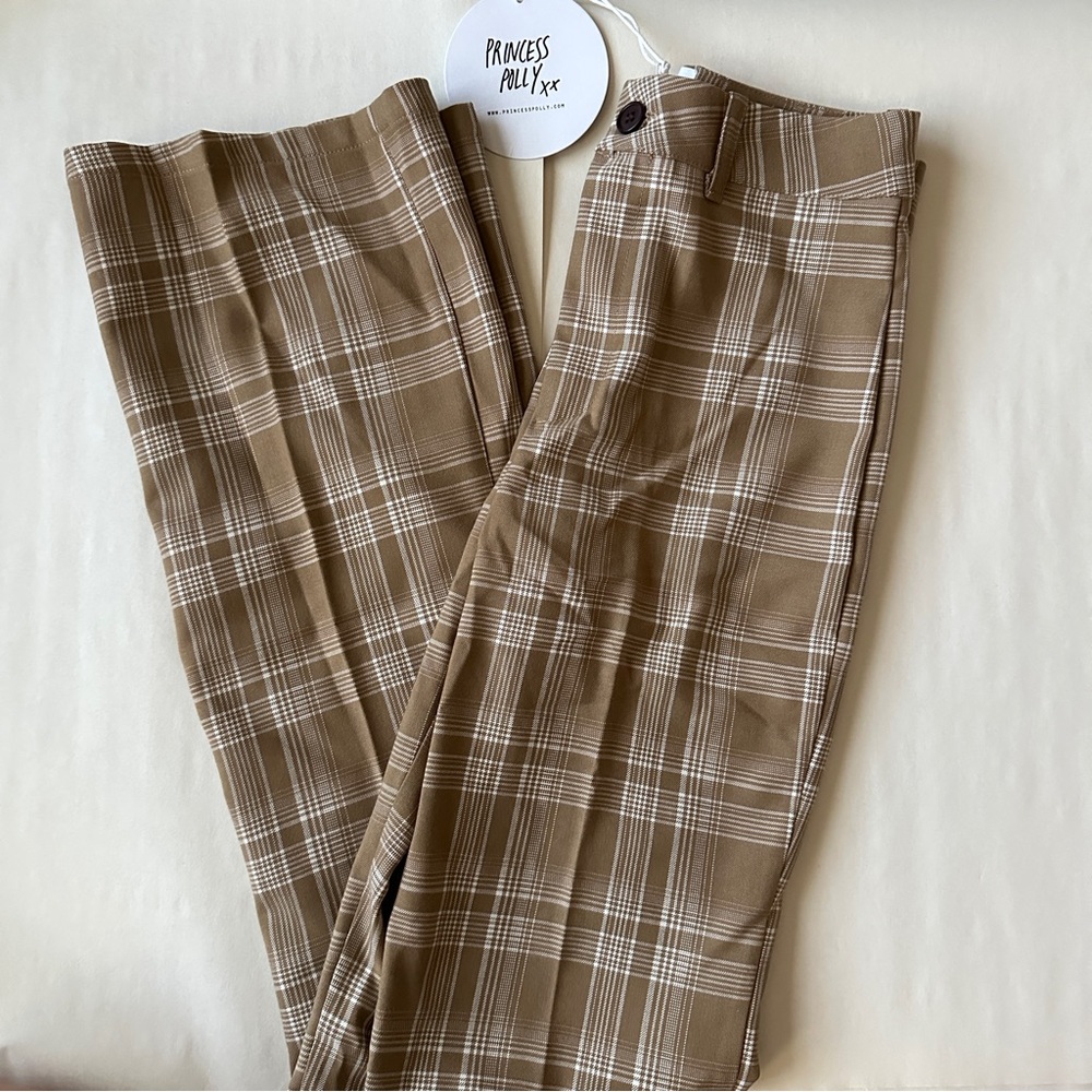 NWT Princess Polly Plaid Pants Brown Size 2 High Waist Relaxed Fit